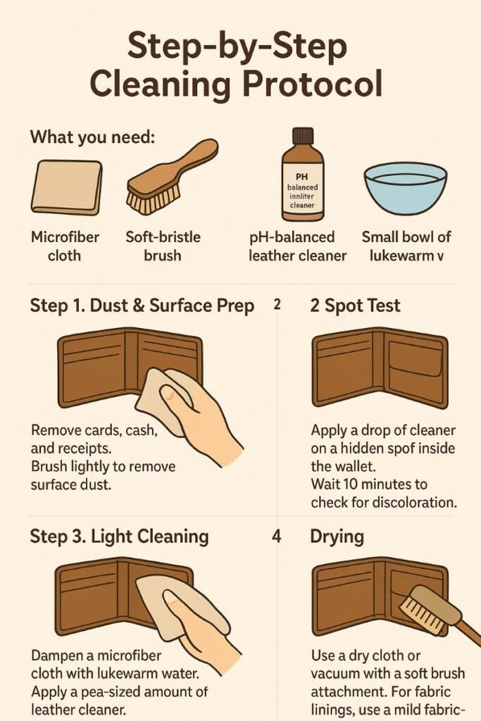 Illustrated step sequence showing how to clean a leather wallet using a microfiber cloth, soft-bristle brush, leather cleaner, and lukewarm water.