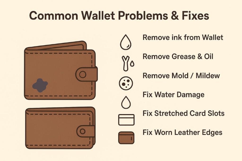 Clean infographic showing common wallet problems and fixes, with before-and-after wallet illustrations and icons for stains, grease, mold, water damage, stretched card slots, and worn edges.