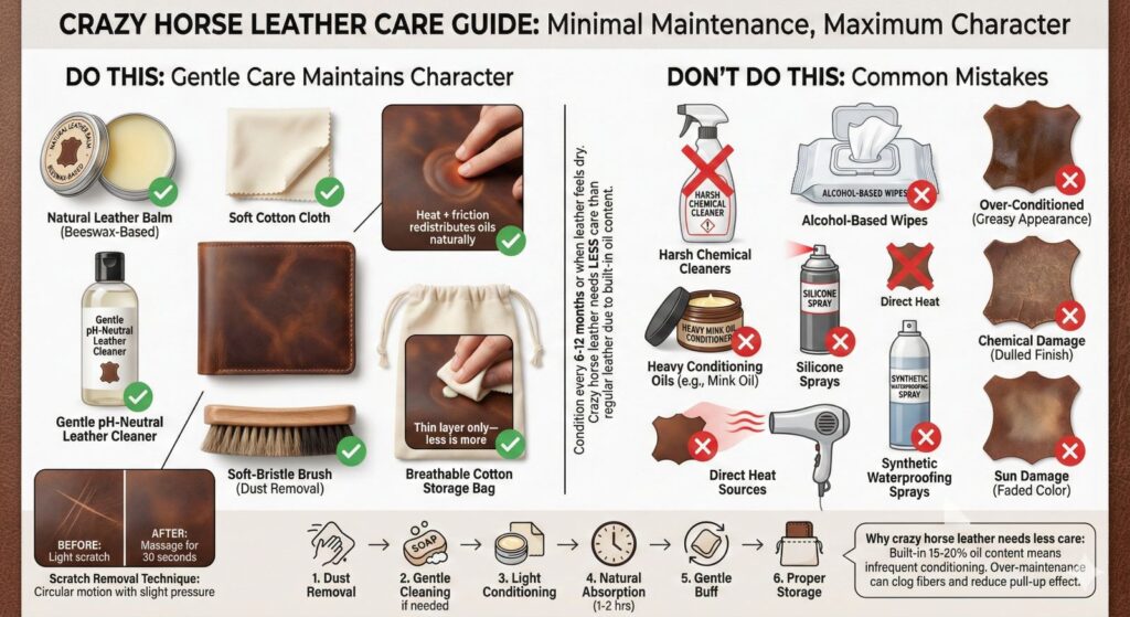 Flat-lay care guide showing proper crazy horse leather maintenance products including natural balm and soft cloth on left versus common mistakes like harsh chemicals and over-conditioning on right with red X marks