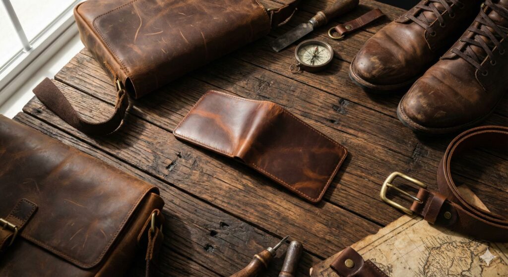 Collection of crazy horse leather products including distressed brown wallet with pull-up effect, messenger bag, boots, and belt showing natural patina and vintage character on wooden surface