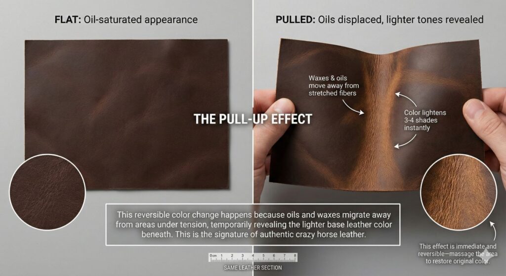 Side-by-side comparison showing crazy horse leather pull-up effect: dark brown when flat versus light cognac tones revealed when stretched or bent with oil displacement