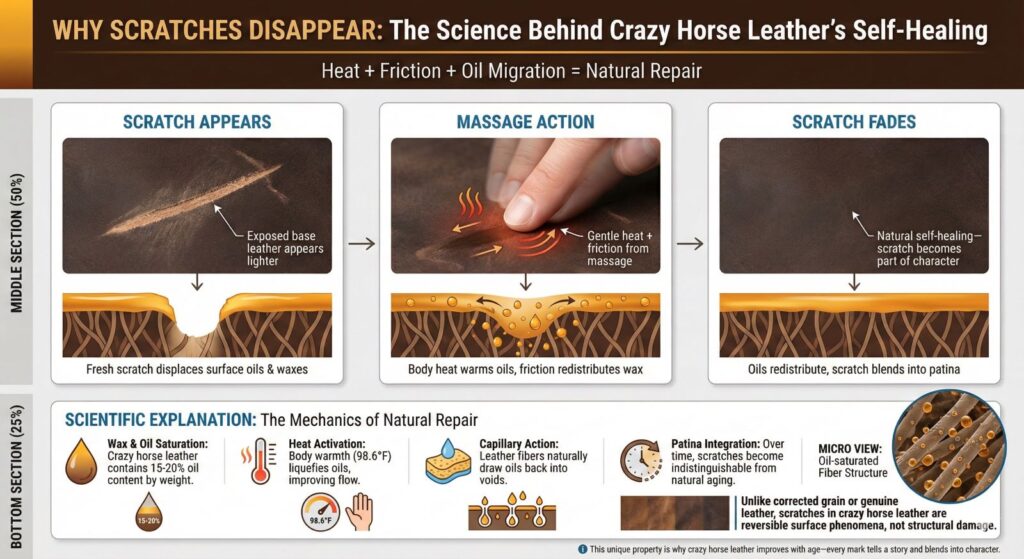 Educational infographic showing three stages of scratch healing in crazy horse leather: scratch appearance, massage with heat and friction, and natural oil redistribution causing scratch to fade