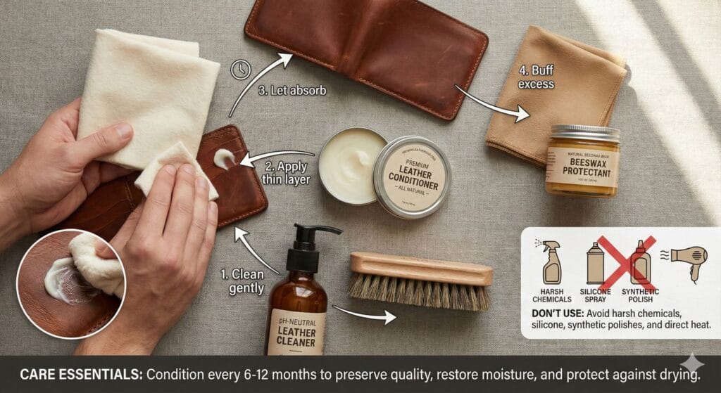 Overhead flat-lay showing leather care essentials including conditioner, beeswax, soft cloths, and brush with hands applying product to brown full-grain wallet in circular motion