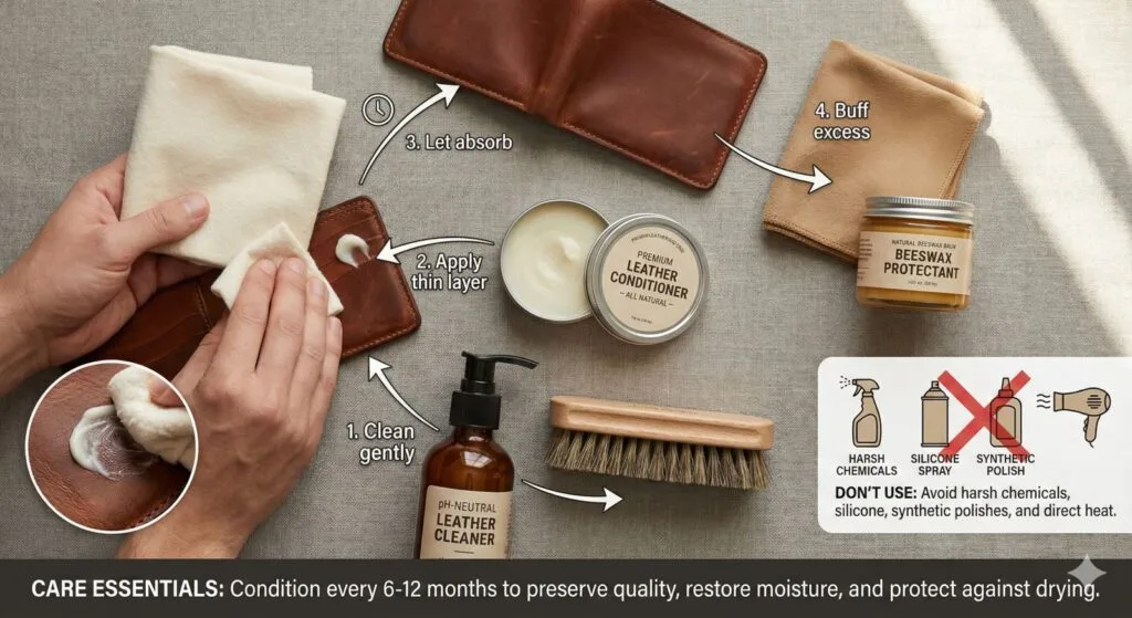 Overhead flat-lay showing leather care essentials including conditioner, beeswax, soft cloths, and brush with hands applying product to brown full-grain wallet in circular motion