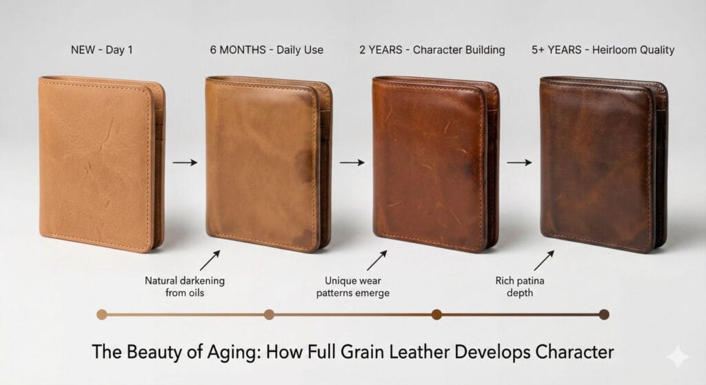 Timeline showing full-grain leather wallet patina development from new light tan through 6 months, 2 years, to 5+ years of rich chocolate brown aged character