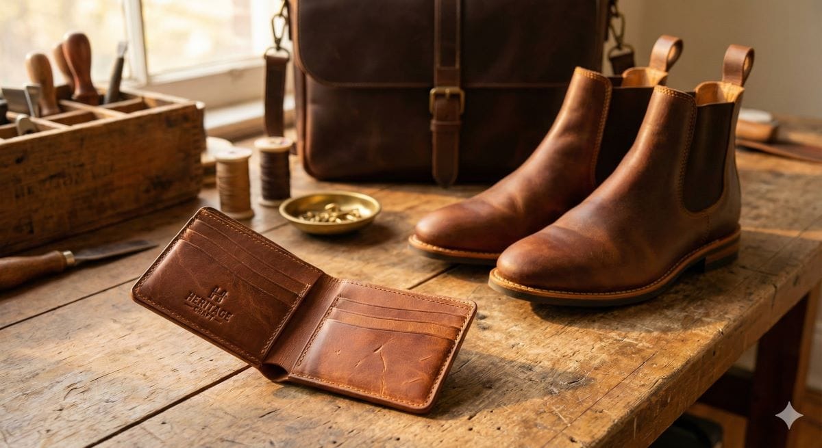 Premium full-grain leather products including cognac wallet with natural grain, brown dress boots, and messenger bag on wooden workbench showing artisan craftsmanship