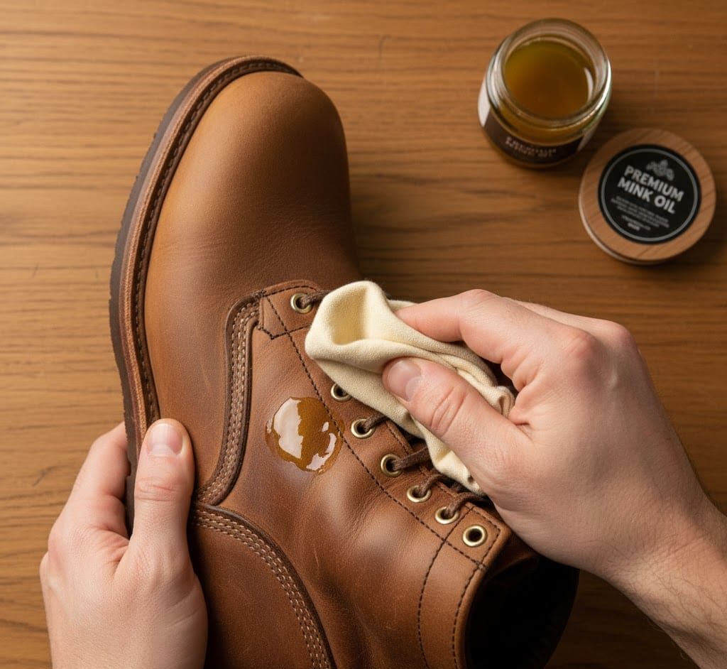 Overhead view of hands applying thin layer of mink oil to leather boot with cloth, showing darkening effect on treated versus untreated areas