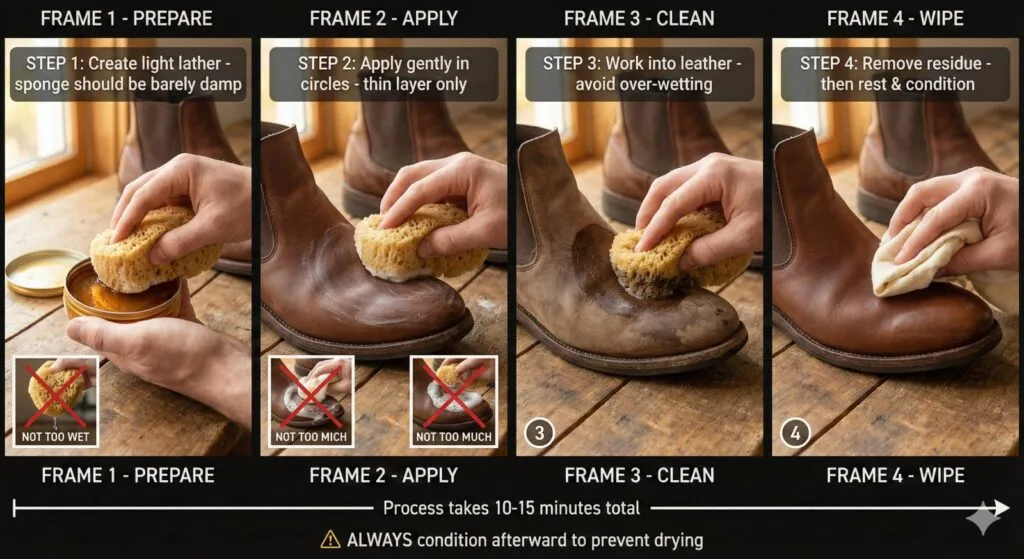 Four-step visual tutorial showing saddle soap application: creating light lather on damp sponge, applying in circular motions, cleaning leather surface, and wiping excess residue