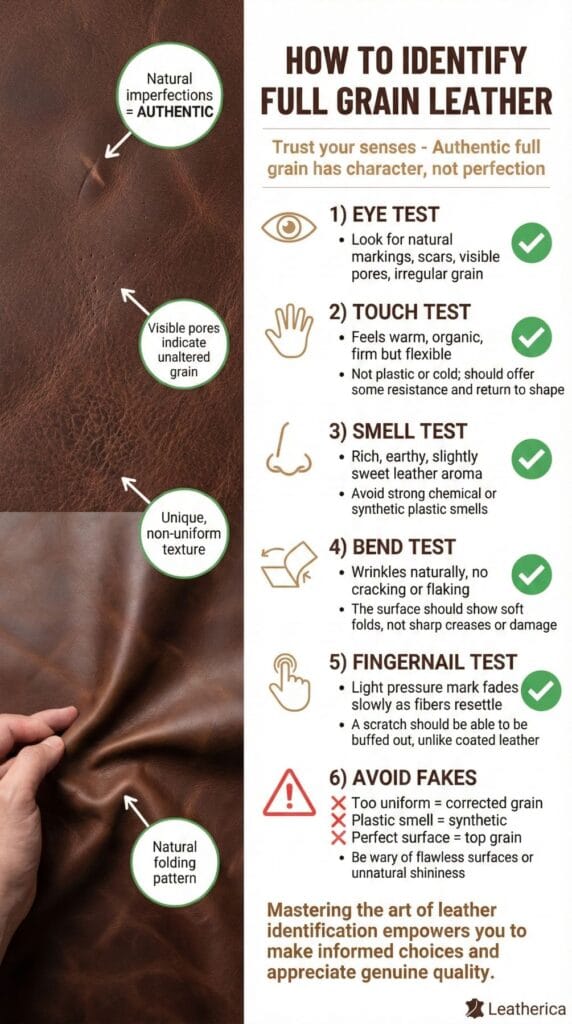 Infographic guide showing how to identify authentic full-grain leather with visual examples of natural markings, pores, and texture plus checklist of eye, touch, smell, and bend tests