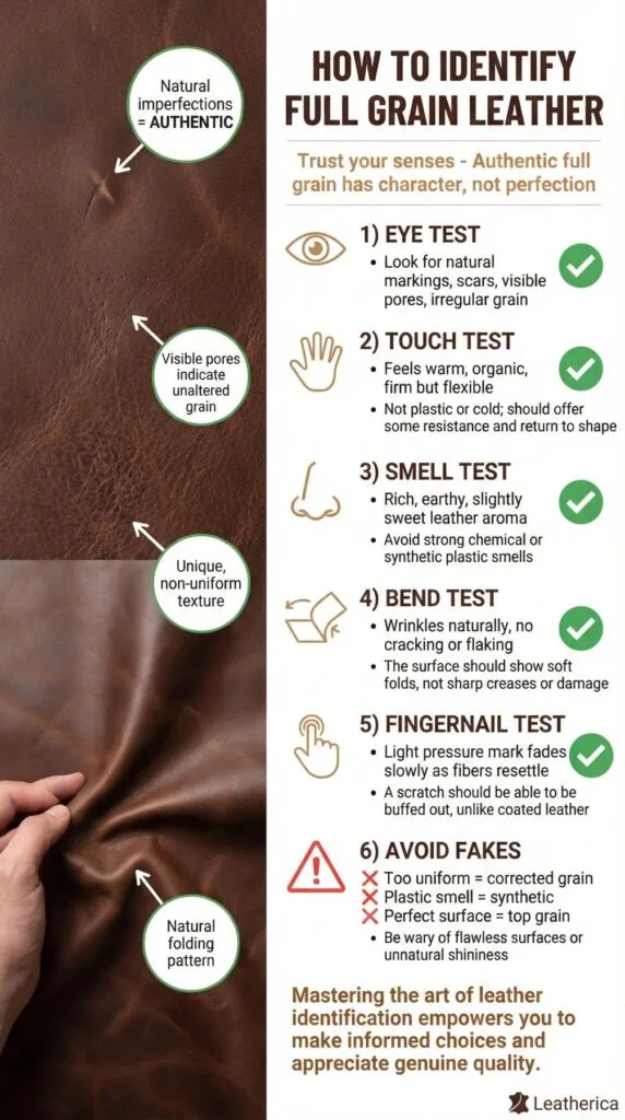 Infographic guide showing how to identify authentic full-grain leather with visual examples of natural markings, pores, and texture plus checklist of eye, touch, smell, and bend tests