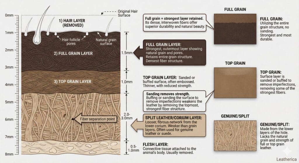 Educational cross-section diagram of animal hide showing five layers from hair to flesh, with full grain layer highlighted as densest fiber structure at top