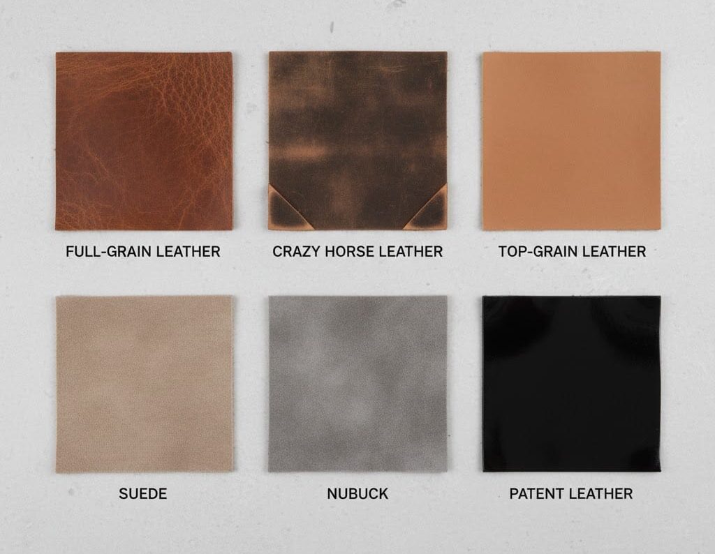 Comparison of six leather types in grid layout: full-grain, crazy horse, top-grain, suede, nubuck, and patent leather showing texture differences