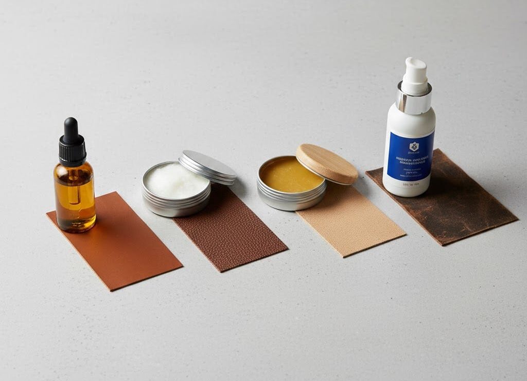 Four mink oil alternatives for leather care displayed in row: jojoba oil bottle, macadamia oil tin, beeswax balm container, and synthetic leather conditioner