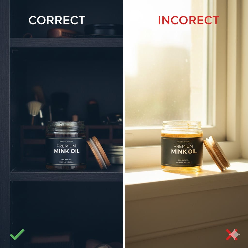 Split screen comparison showing correct mink oil storage in cool dark cabinet with closed lid versus incorrect storage on sunny windowsill with open container