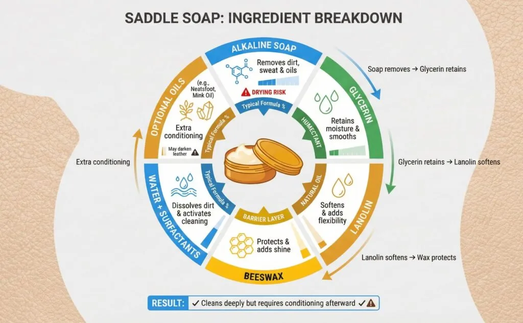 Infographic diagram showing saddle soap ingredients including alkaline soap, glycerin, lanolin, beeswax, water, and oils with their functions and effects on leather
