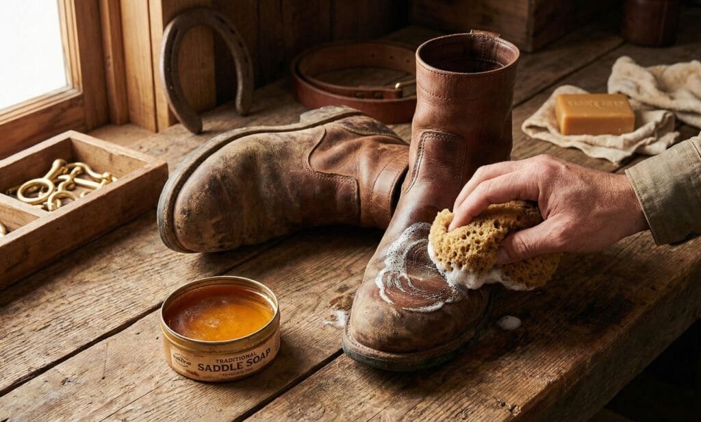 Hand applying saddle soap with sponge to worn brown leather work boots on wooden workbench, showing cleaning process and lather removal of dirt