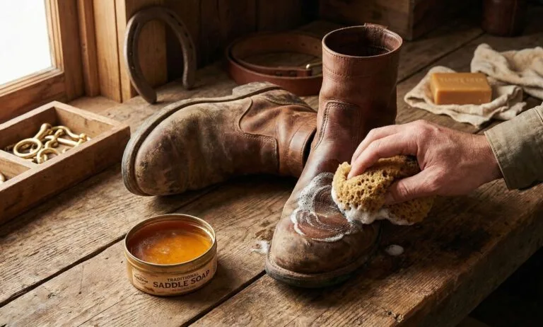 Hand applying saddle soap with sponge to worn brown leather work boots on wooden workbench, showing cleaning process and lather removal of dirt