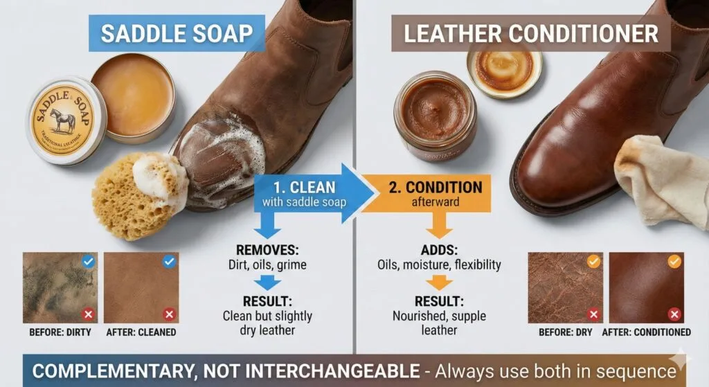 Split comparison showing saddle soap removing dirt and oils from leather on left versus leather conditioner adding moisture and oils on right with sequence arrows