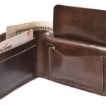 Executive-style brown bifold leather wallet with compartments for coins and cards