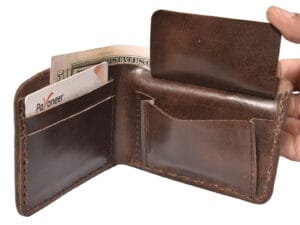 Executive-style brown bifold leather wallet with compartments for coins and cards