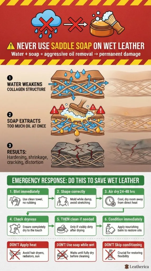Warning infographic showing never use saddle soap on wet leather, illustrating damage process and emergency response steps: blot, shape, air dry, then clean and condition